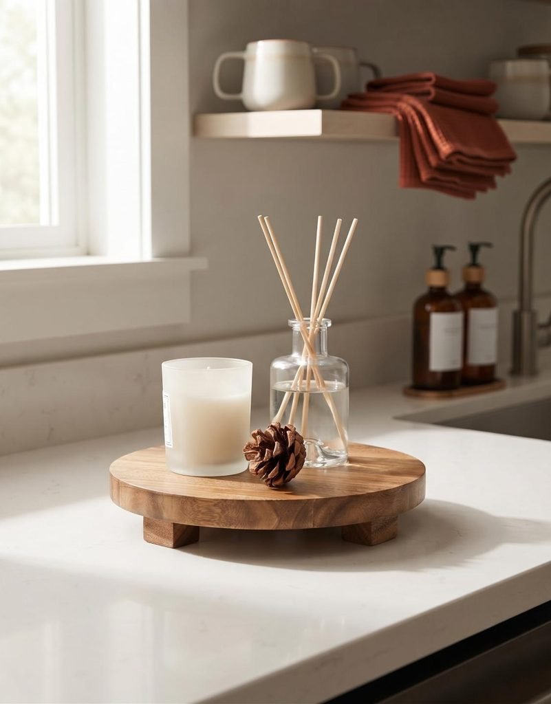 Round acacia wood pedestal tray styling an amber candle and diffuser on a kitchen countertop.
