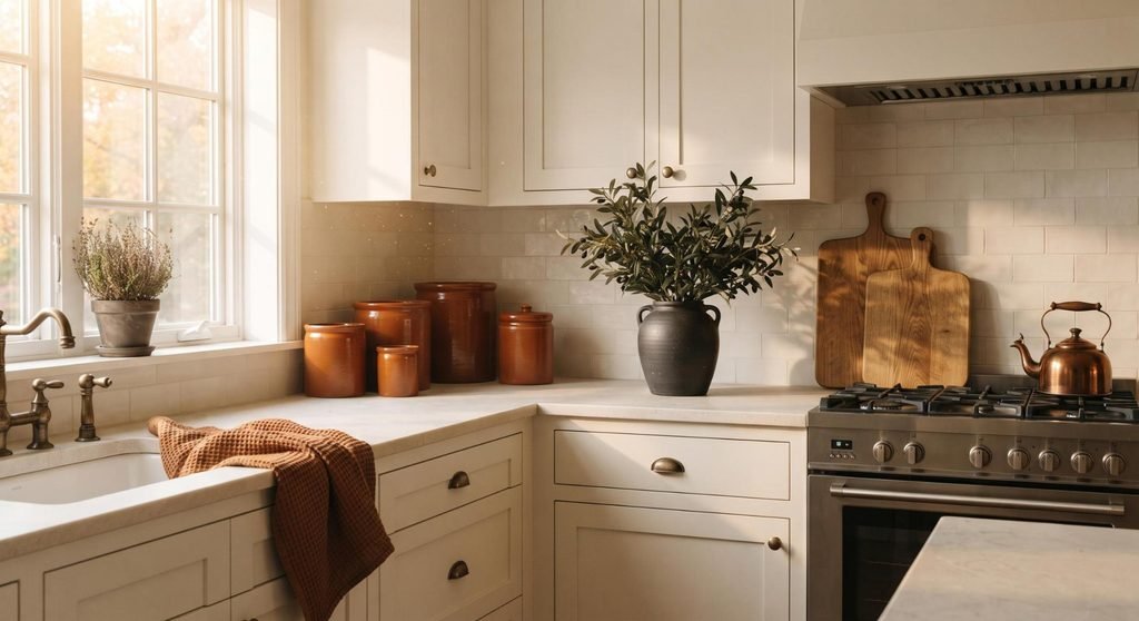Autumn kitchen demonstrating the 60-30-10 color formula with warm cream, terracotta, and olive tones.