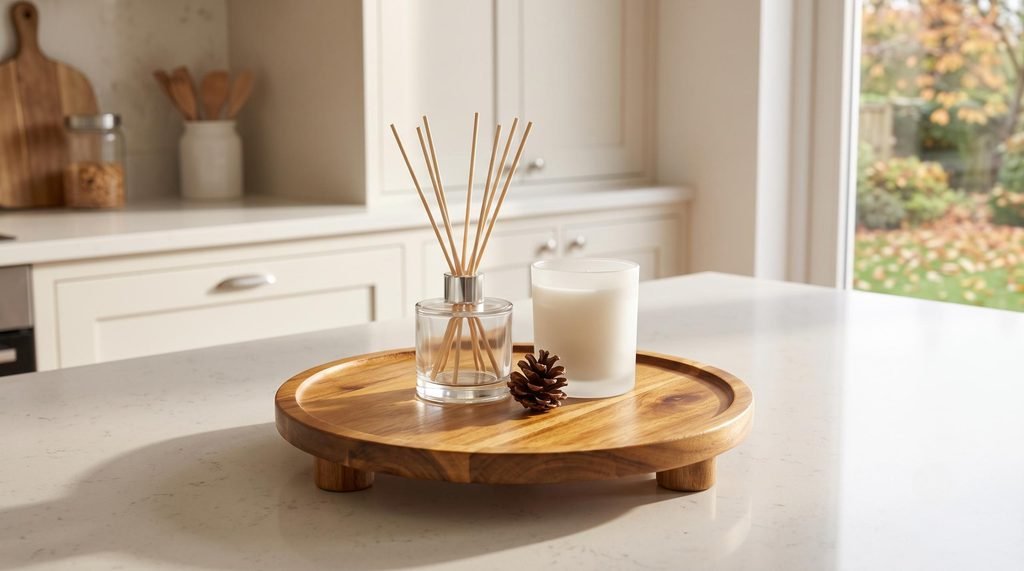 Large round acacia wood pedestal tray holding a diffuser and candle on a kitchen countertop.