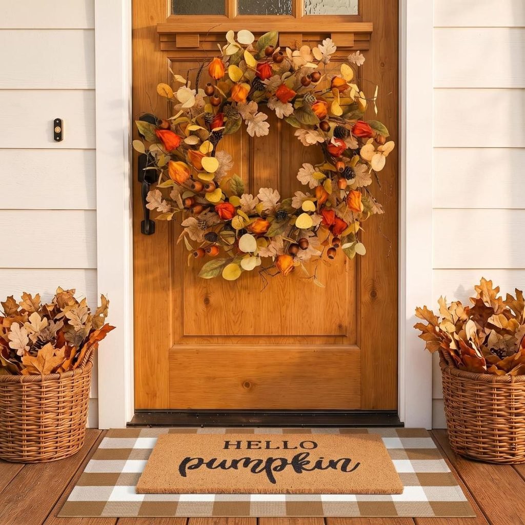 Layered front porch doormat with natural coir Hello Pumpkin mat over coffee plaid rug with autumn wreath.