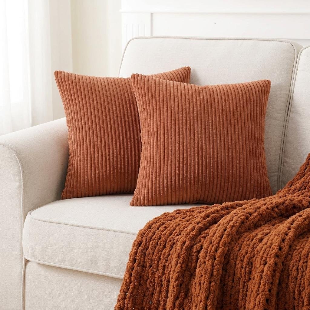 Living room sofa styled with terracotta ribbed velvet throw pillow covers and a chunky knit rust chenille blanket.