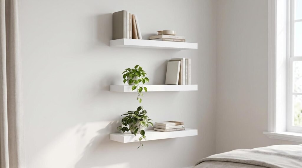 Set of three white floating wall shelves mounted vertically with books and small plants in a small bedroom.
