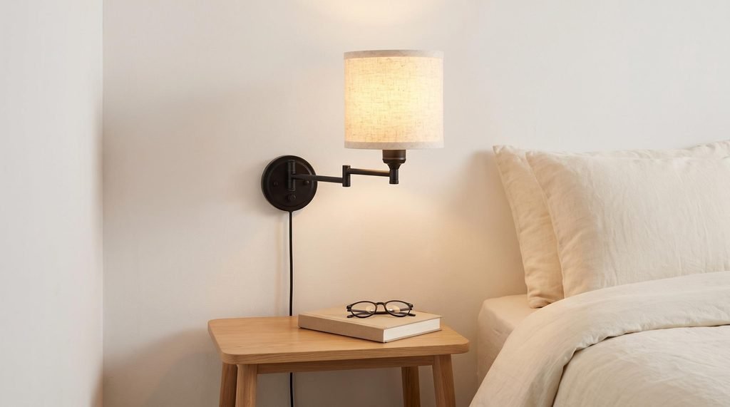 Matte black plug-in swing-arm wall sconce mounted beside a headboard to save bedside nightstand space.