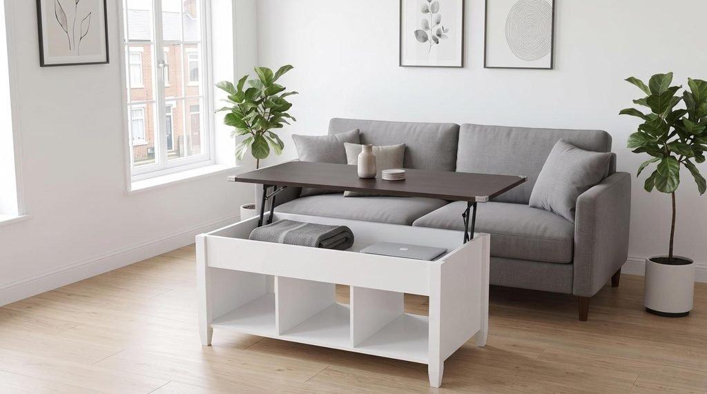Two-tone lift-top coffee table with hidden storage compartment open in a small apartment living room.