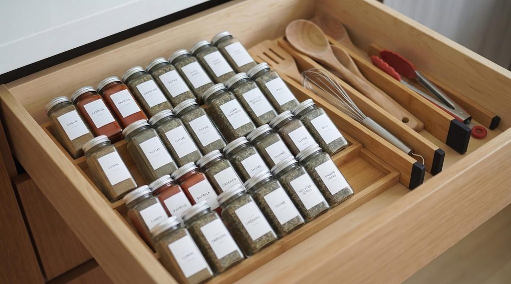 Expandable bamboo in-drawer spice rack tray and spring-loaded bamboo dividers organizing a kitchen drawer.