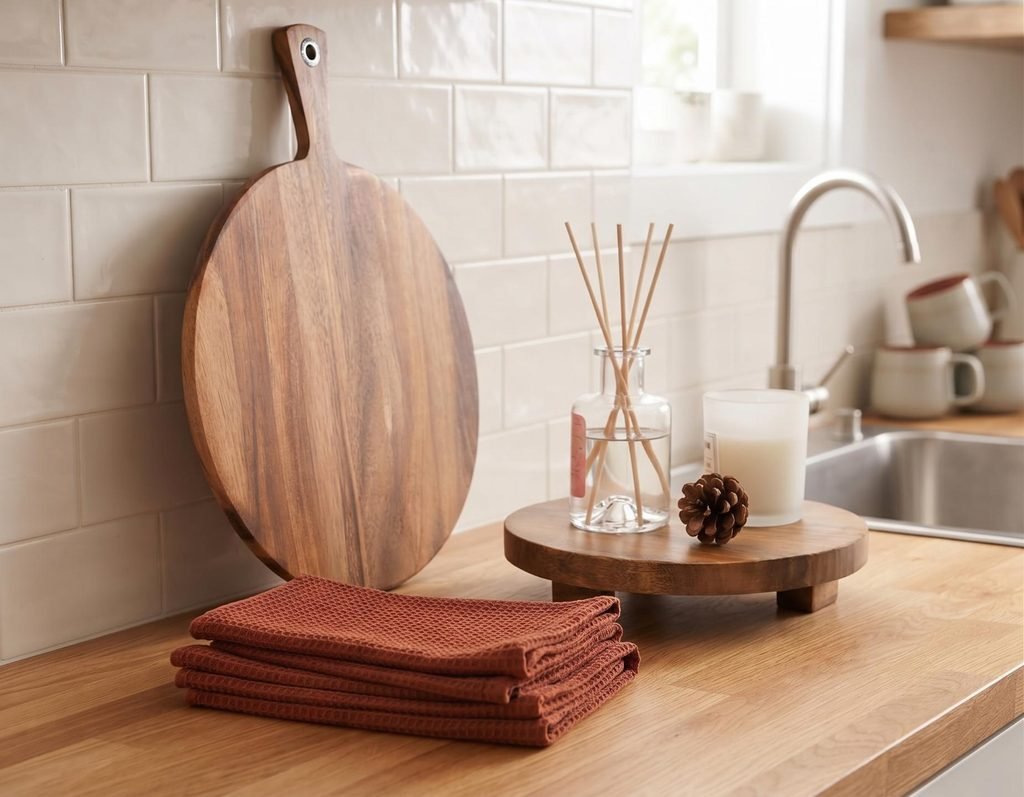 Round acacia wood paddle board leaning vertically against a kitchen tile backsplash.