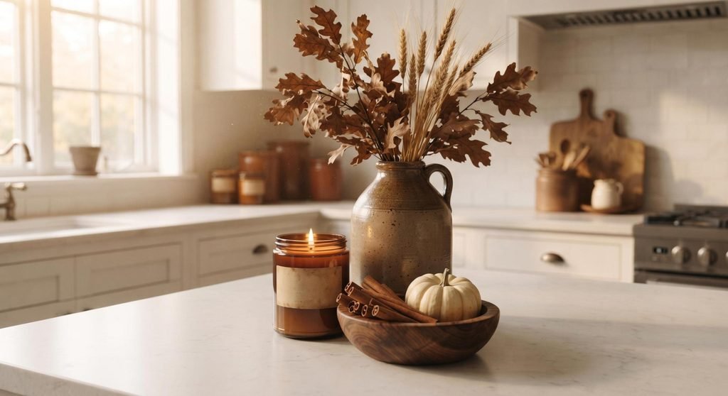 Triangle vignette styling method on a kitchen counter featuring dried oak leaves, an amber candle, and cinnamon sticks.