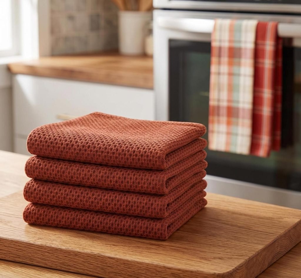 Folded rust cotton waffle weave dish towels and autumn plaid tea towels in a kitchen.