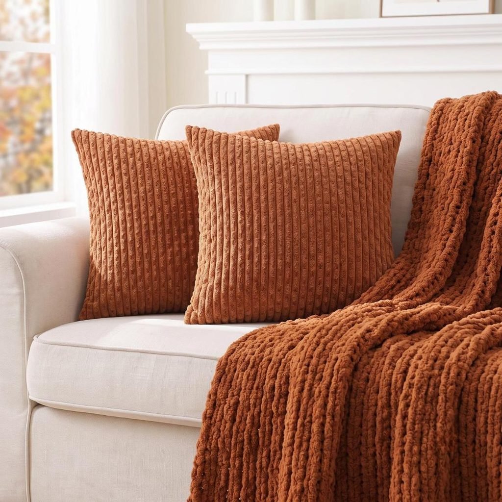 Living room sofa styled with terracotta corduroy throw pillows and a chunky knit rust chenille blanket.