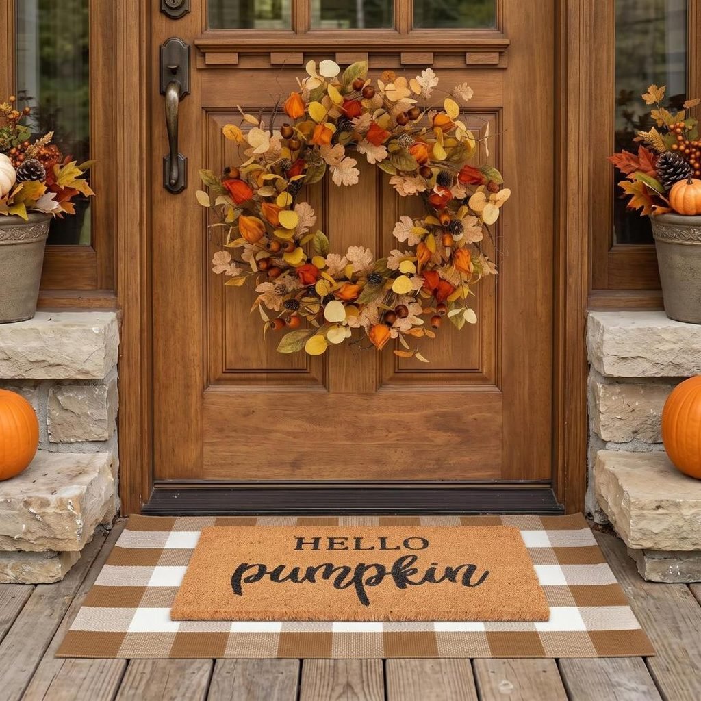 Layered front porch doormat with natural coir Hello Pumpkin mat over coffee plaid rug with autumn wreath on door.