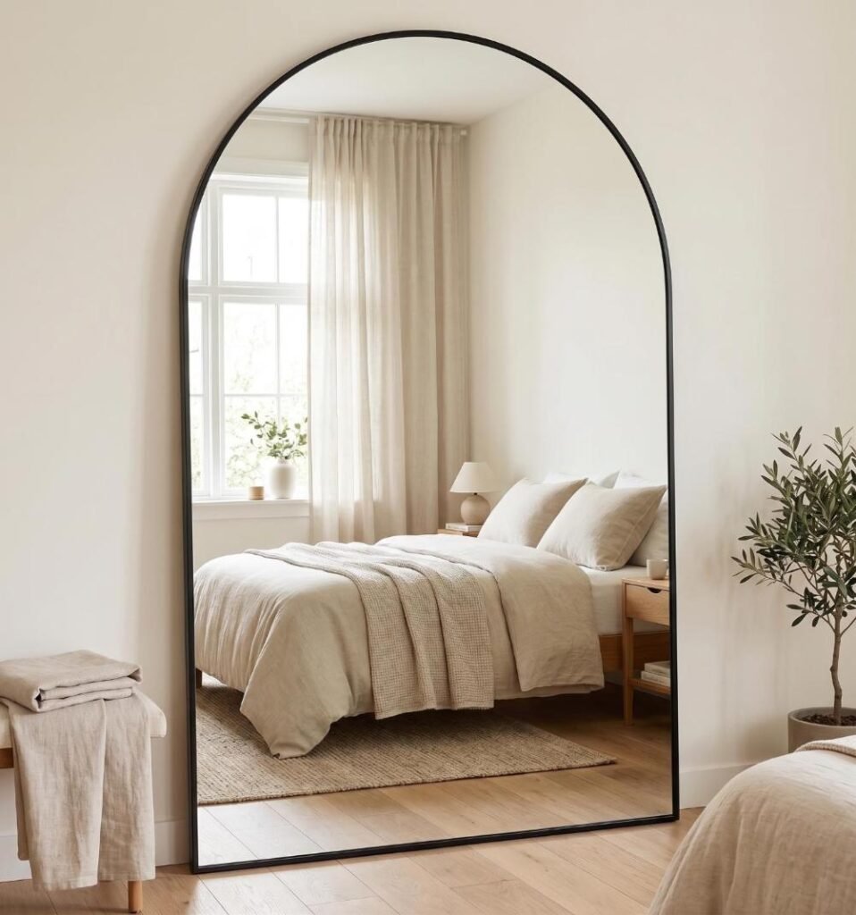 Large arched floor mirror leaning against the wall in a compact, light-filled bedroom