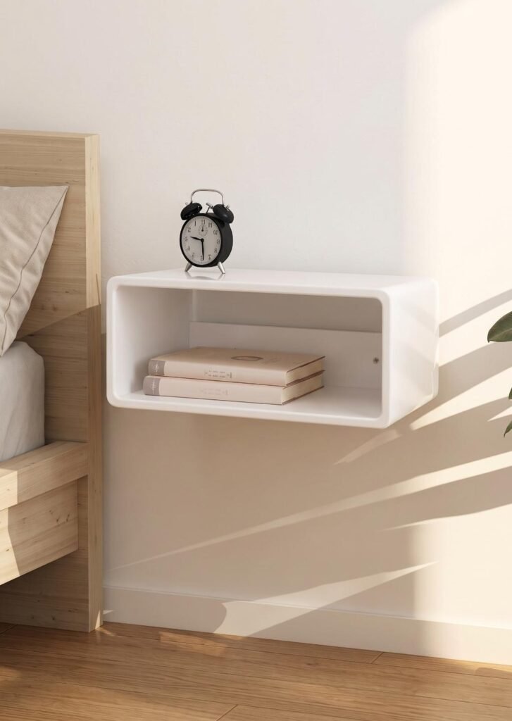 White wall-mounted floating nightstand with open storage shelf mounted beside a bed in a small bedroom.