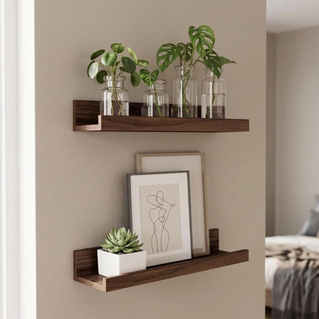 Two walnut floating picture ledges displaying art prints and small plants on a bedroom wall.