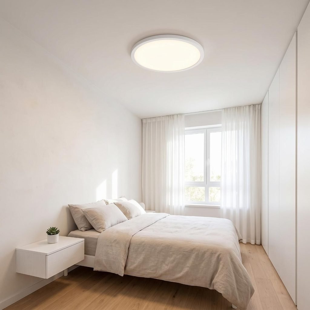 Ultra-slim round white LED flush mount ceiling light in a low-ceiling modern bedroom.