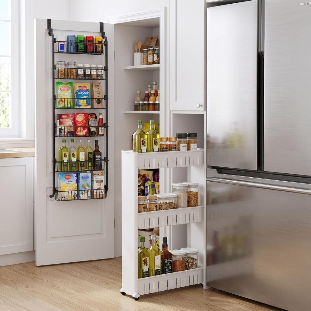 Slim 3-tier rolling cart sliding out from a kitchen refrigerator gap next to an over-the-door pantry rack.