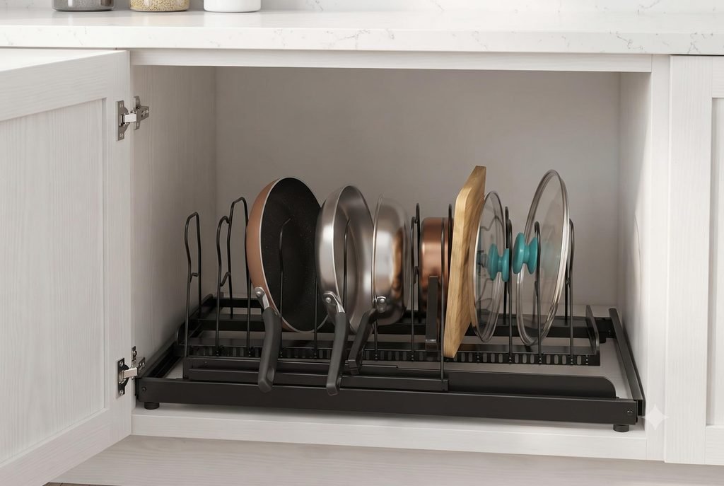 Black expandable heavy-duty pan organizer rack holding pots, skillets, and lids vertically in a cabinet.