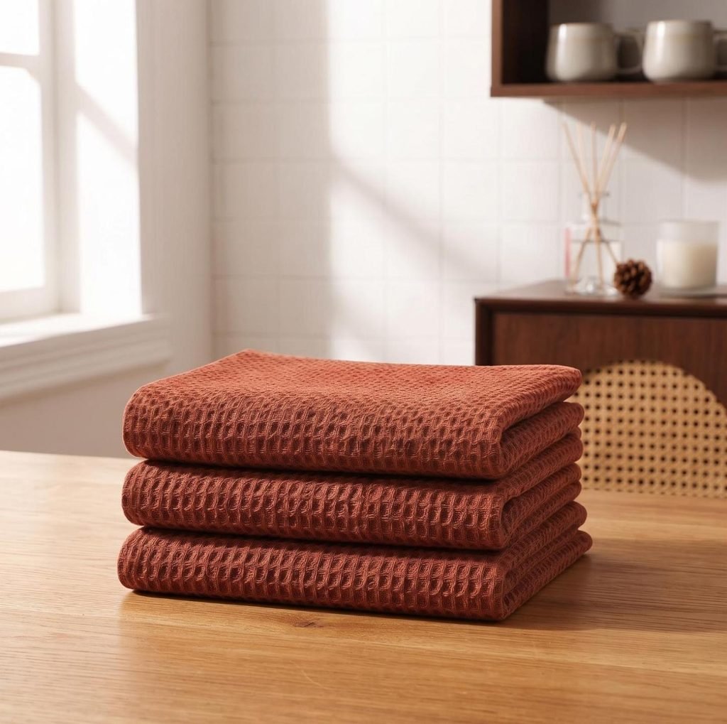 Folded rust-orange cotton waffle weave kitchen dish towels on a wooden countertop.
