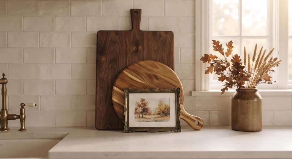Layered wooden cutting boards and vintage autumn art leaning vertically against a kitchen tile backsplash.