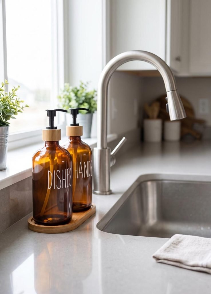 Amber glass soap dispenser set with bamboo pumps and tray beside a kitchen sink.