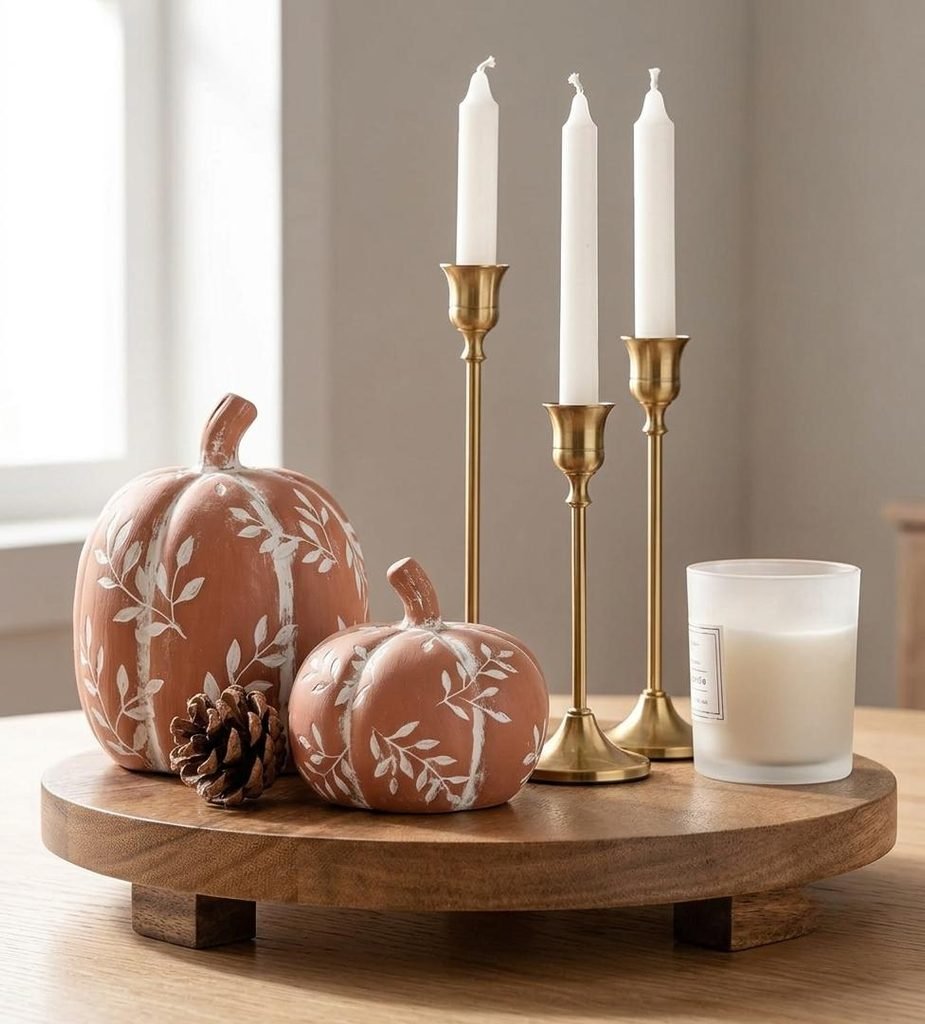 Hand-painted terracotta stoneware pumpkins and brushed brass taper candlestick holders on a wooden dining table.