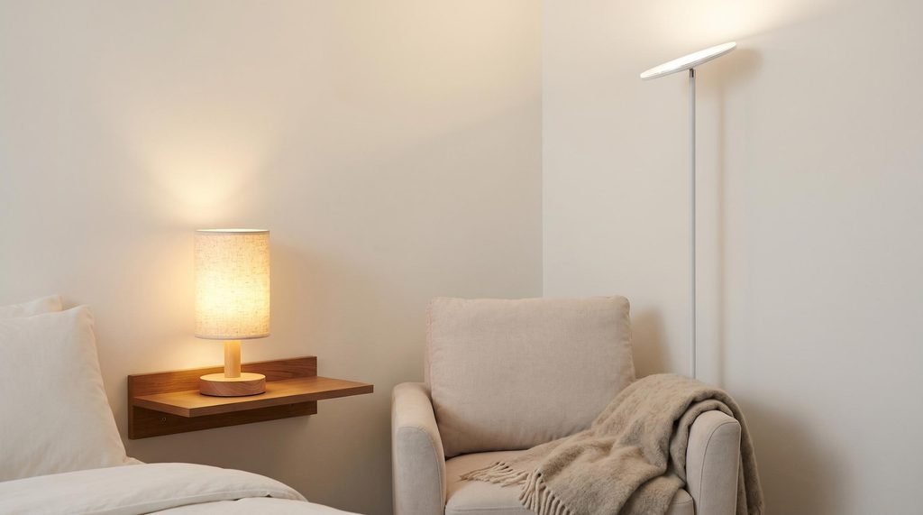 Cordless rechargeable wooden table lamp on a nightstand beside a slim white torchiere floor lamp.