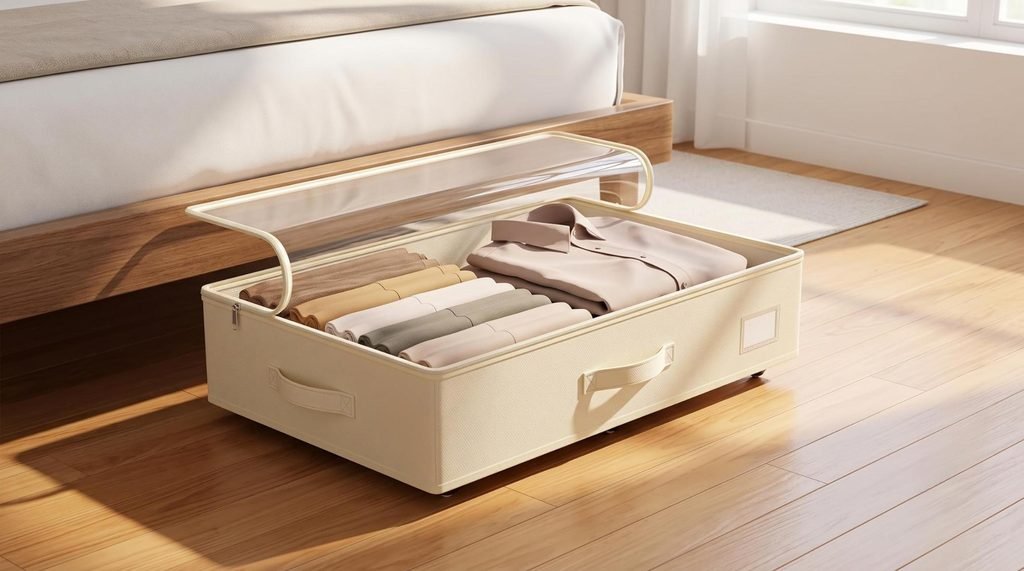 Beige low-profile rolling under-bed storage bin with wheels pulled out from beneath a bed frame.