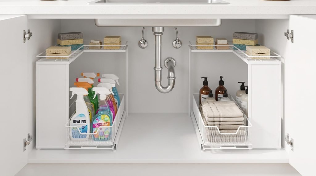 White 2-tier L-shaped under-sink pull-out organizers fitting around plumbing pipes in a kitchen cabinet.