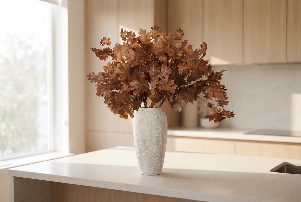 Tall faux dried oak branches with brown autumn leaves in a ceramic vase on a kitchen island.