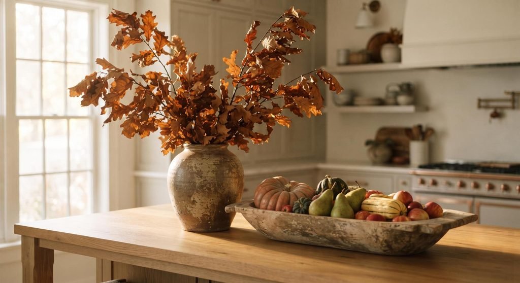 Tall foraged autumn oak branches in a ceramic vase beside a wooden bowl filled with heirloom pumpkins and apples.