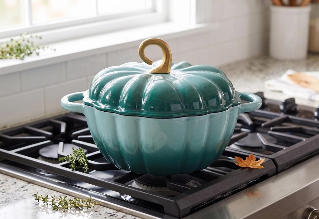 Pumpkin-shaped enameled cast iron Dutch oven pot on a gas stove range in a fall kitchen.