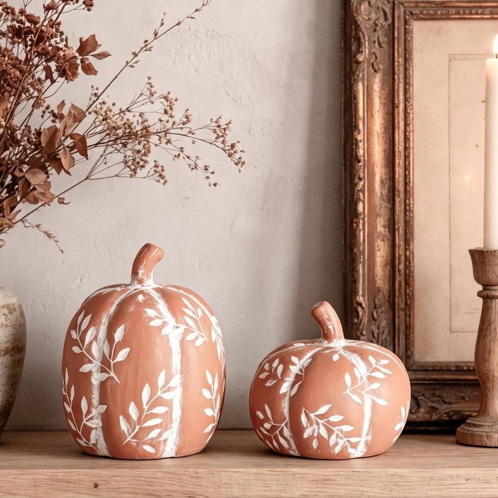 Hand-painted terracotta ceramic pumpkins with white botanical leaf motifs on a wooden shelf.
