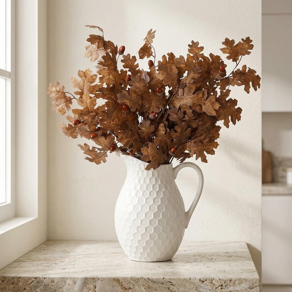 Tall artificial brown oak leaf branches in a white ceramic honeycomb pitcher vase on a kitchen counter.