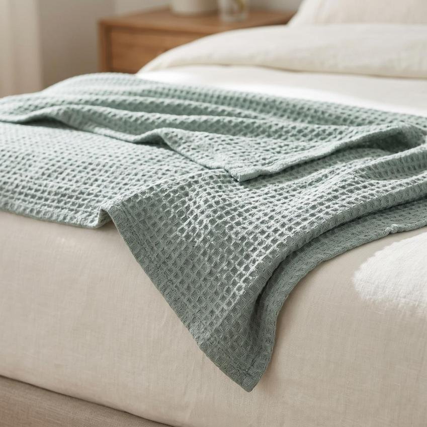Sage green 100% cotton waffle blanket neatly styled across the foot of a bed.