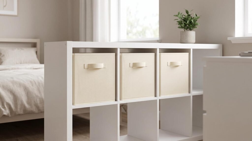 Three beige fabric storage cube bins lined up neatly on open shelves in a small bedroom closet.