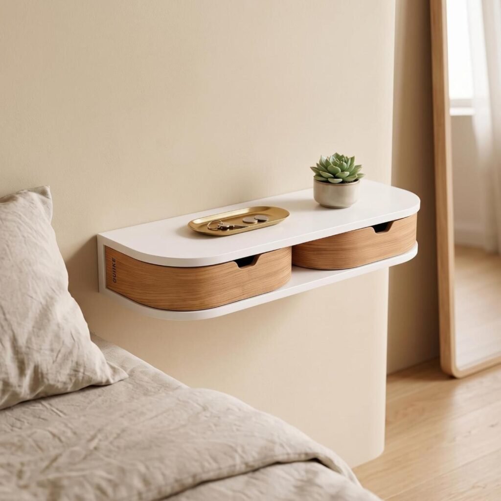 Curved wall-mounted floating nightstand with wood drawers in a small bedroom.