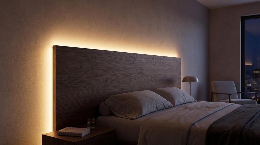 Concealed warm 2700K COB LED backlighting glowing softly behind a wooden headboard in a small bedroom.