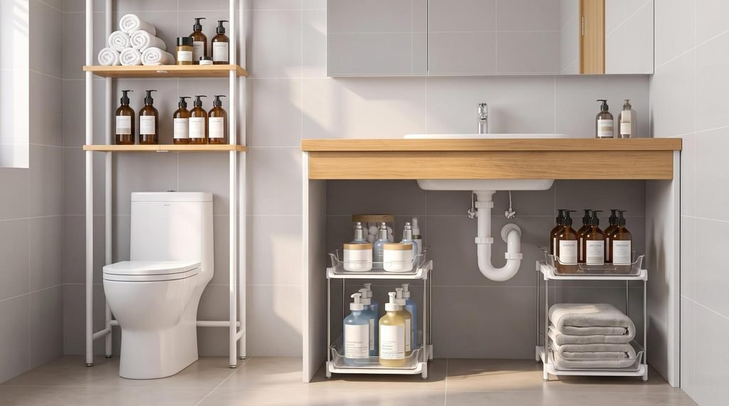 Freestanding bamboo over-the-toilet storage unit and 2-tier pull-out under-sink organizers in a small bathroom.