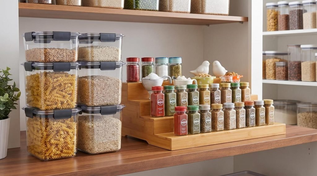 Airtight stackable food storage containers and expandable 3-tier bamboo step riser on pantry shelves.