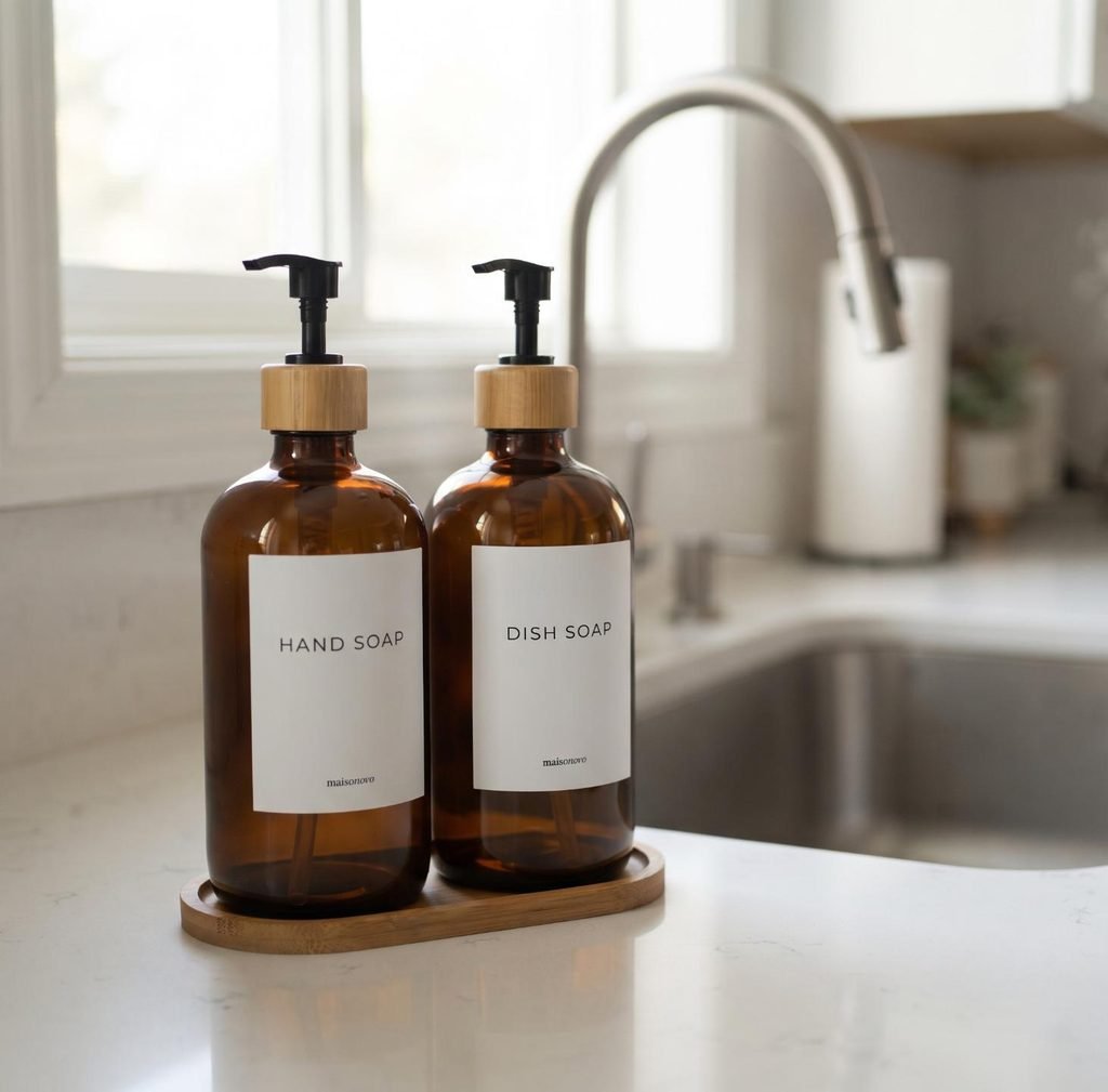 Amber glass hand and dish soap dispensers with black bamboo pumps on a wooden tray beside a kitchen sink.