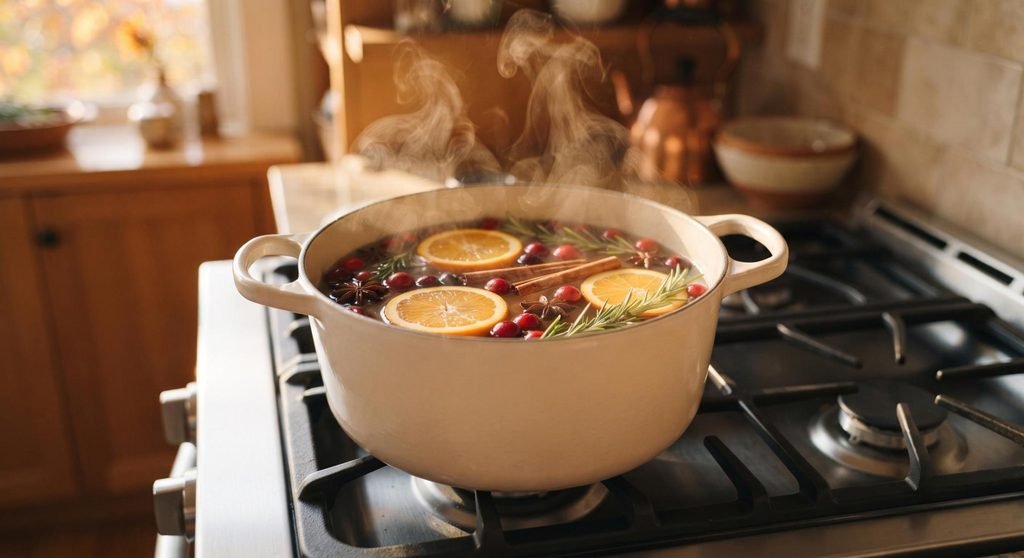 Autumn stovetop simmer pot with sliced oranges, cinnamon sticks, cranberries, star anise, and rosemary.