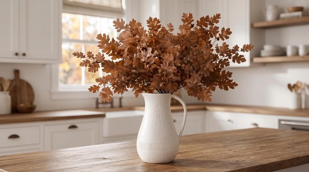 Tall artificial brown oak leaf branches in a white ceramic farmhouse pitcher on a kitchen island.