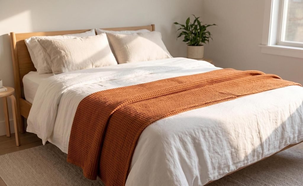 Bedroom bed styled with white linen bedding and a rust-orange waffle weave cotton blanket at the foot.