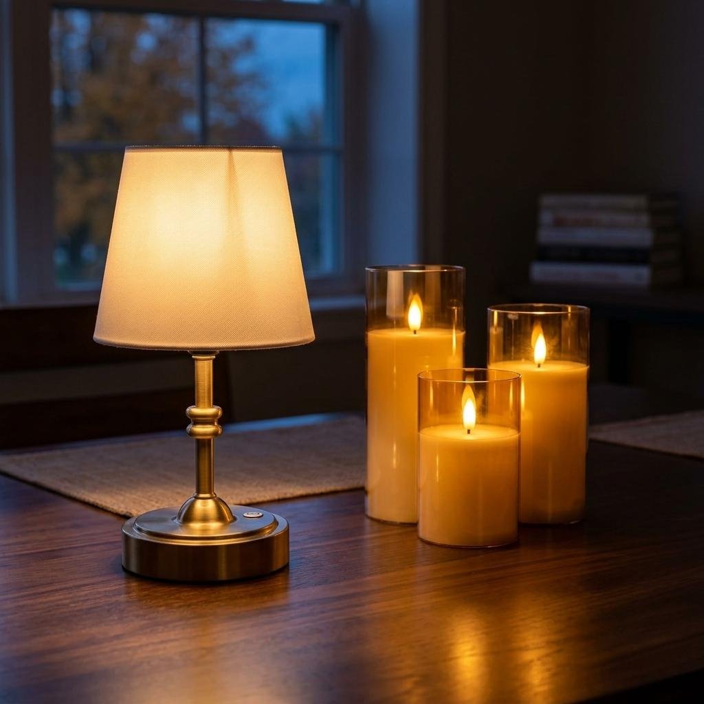 Small cordless gold rechargeable table lamp and amber glass flameless LED pillar candles glowing on a table at dusk.