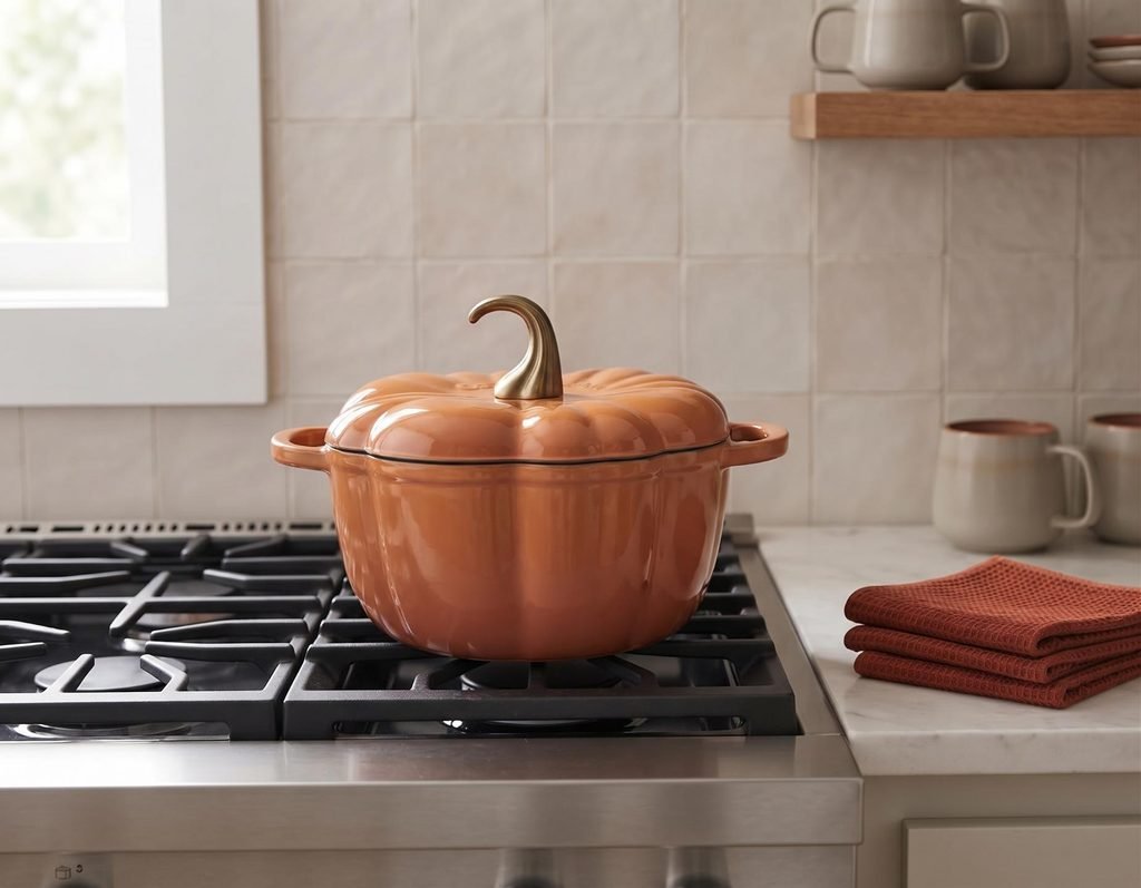 Harvest-orange enameled cast iron pumpkin Dutch oven on a gas stove range in a fall kitchen.