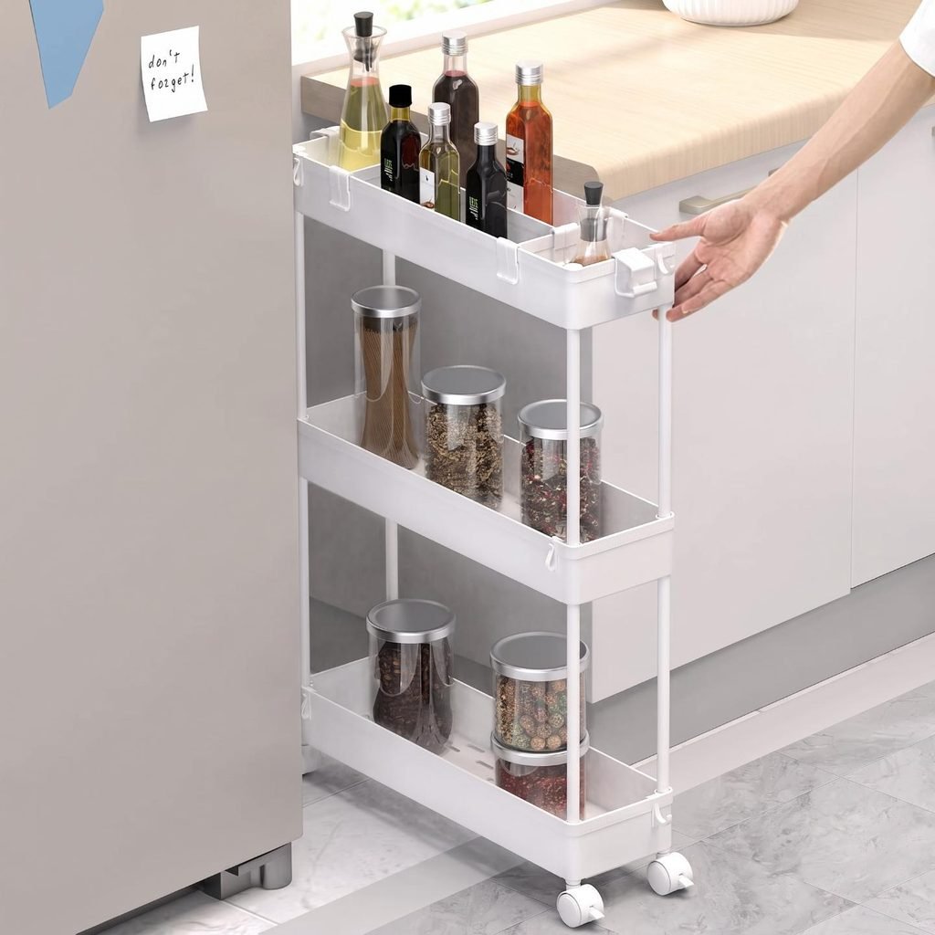Slim 3-tier white rolling storage cart on wheels sliding out from a narrow kitchen refrigerator gap.
