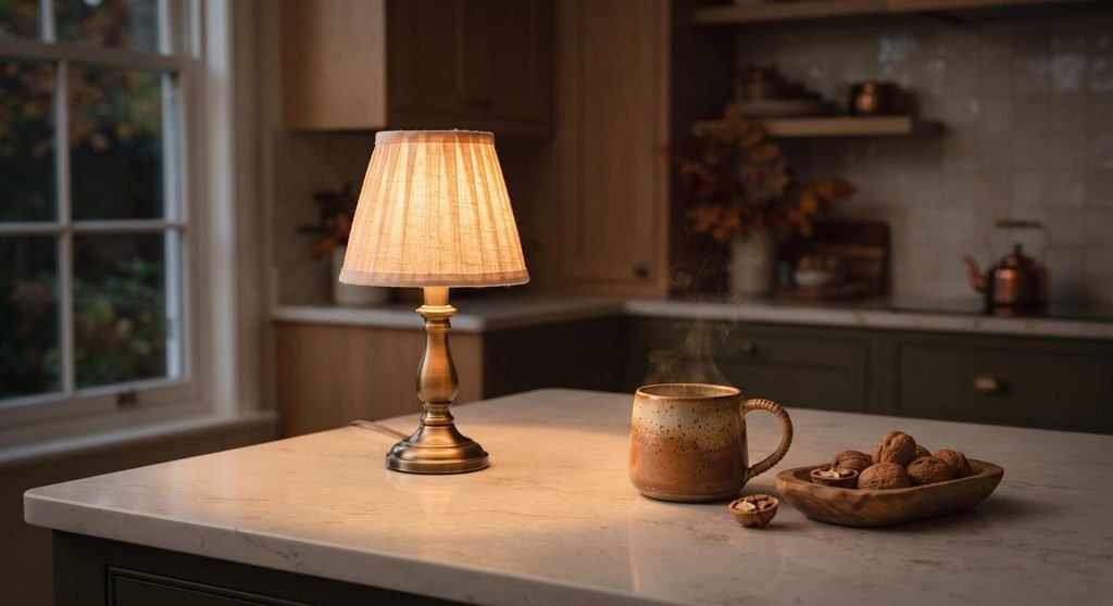 Small cordless brass lamp casting a warm amber glow across an autumn kitchen counter at dusk.