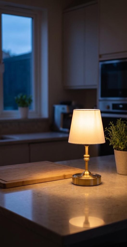 Small cordless rechargeable gold table lamp casting warm ambient light on a kitchen countertop at dusk.
