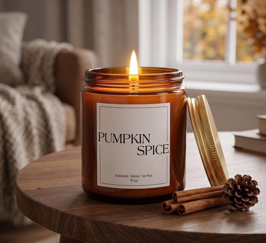 Lit pumpkin spice soy candle in an amber glass jar on a wooden tray with cinnamon sticks.