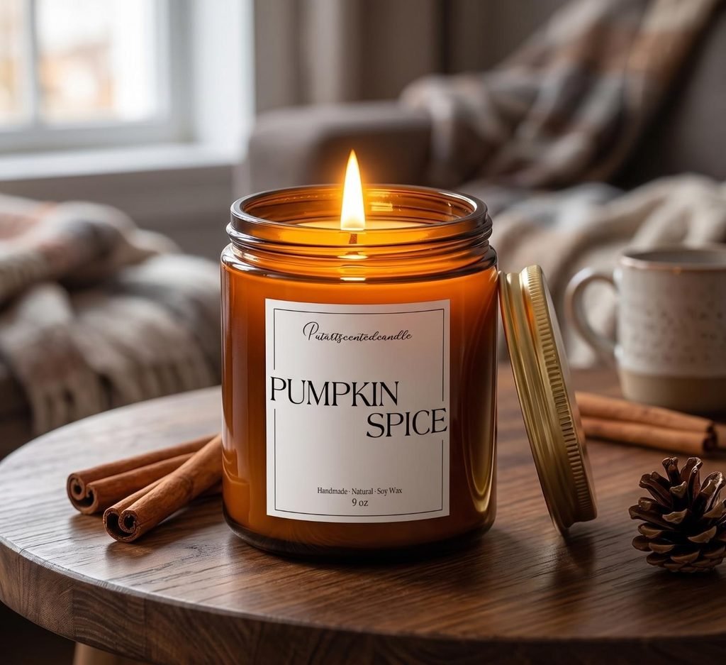 Lit pumpkin spice soy candle in an amber glass jar with gold lid on a wooden tray with cinnamon sticks.