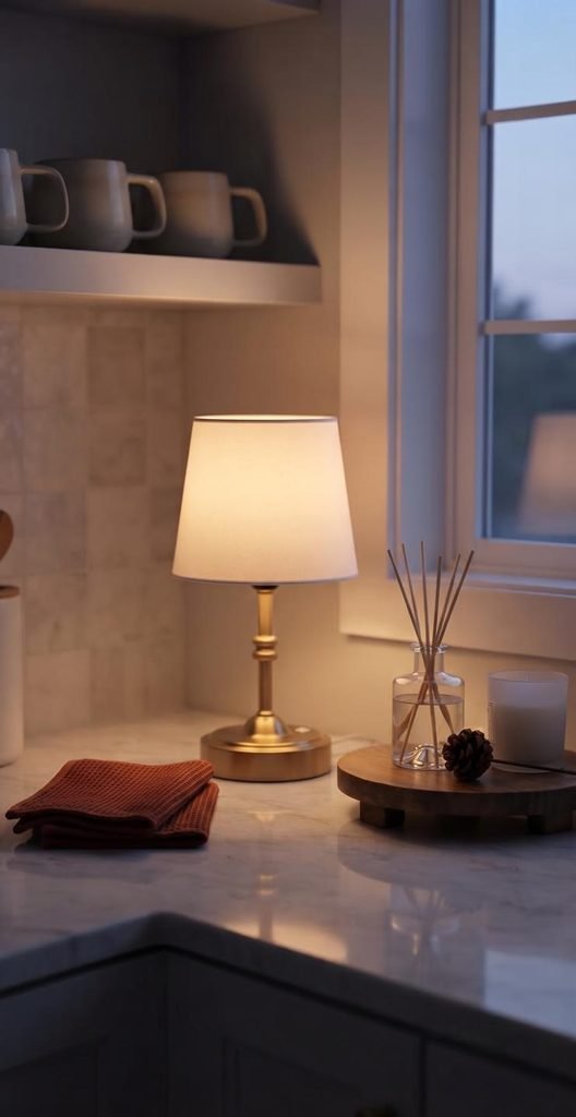 Small cordless gold rechargeable table lamp casting a warm 2700K ambient glow on a kitchen counter.